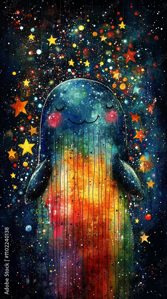 Obraz premium a painting of a rainbow-colored whale with stars in the background, set against a black backdrop The whale is surrounded by a multitude of vibrant colors, creating