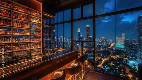 A stylish bar with a stunning city view at night, featuring illuminated shelves filled with bottles against a backdrop of skyscrapers.