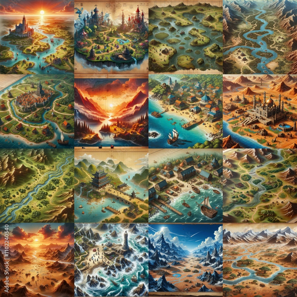 Fototapeta premium Different Battlemaps landscapes illustration. AI generated illustration