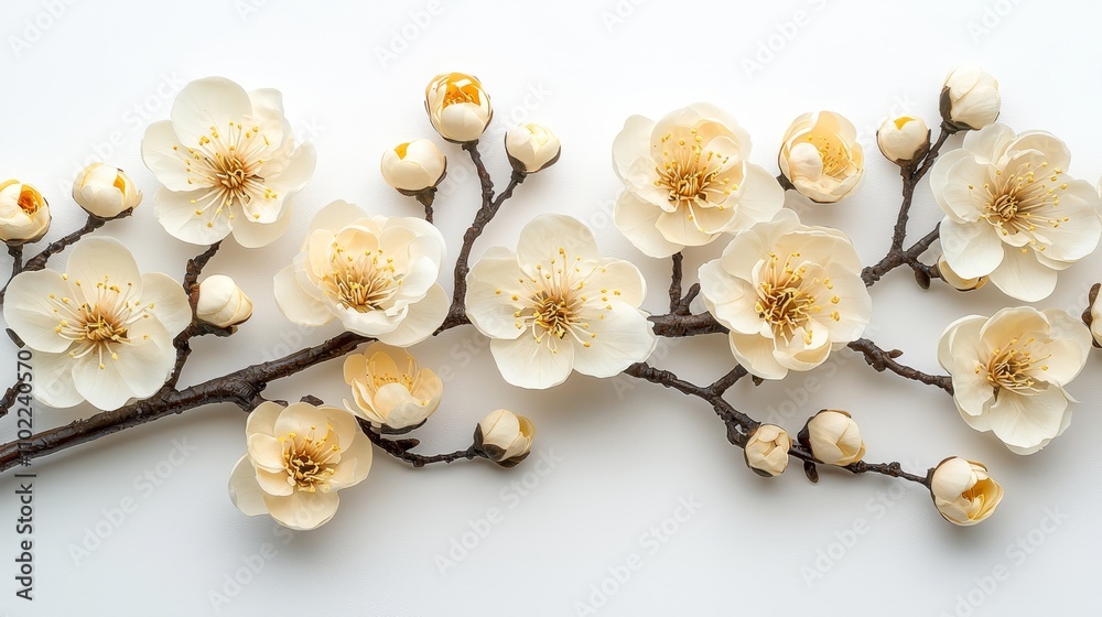a branch with white cherry blossom flowers on a white background The flowers are in full bloom, with some buds still attached to the stem The petals of the flower a branch with white cherry blossom flowers on a white background The flowers are in full bloom, with some buds still attached to the stem The petals of the flower