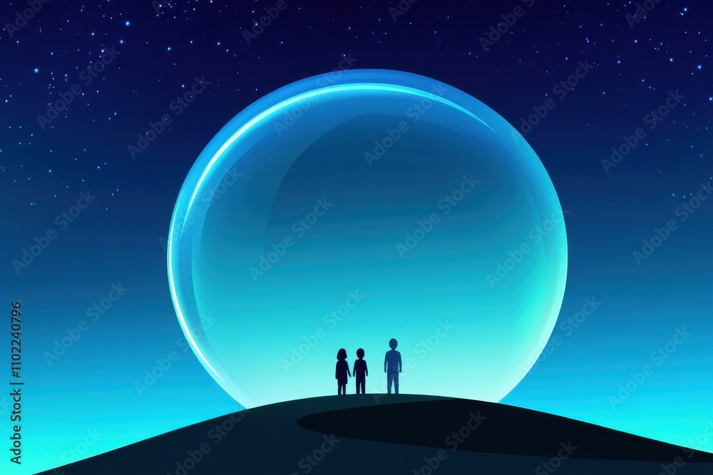 A digital illustration of a serene night landscape featuring silhouettes of a family standing on a hill beneath a giant bubble against a starry sky with glowing hues. A digital illustration of a serene night landscape featuring silhouettes of a family standing on a hill beneath a giant bubble against a starry sky with glowing hues.