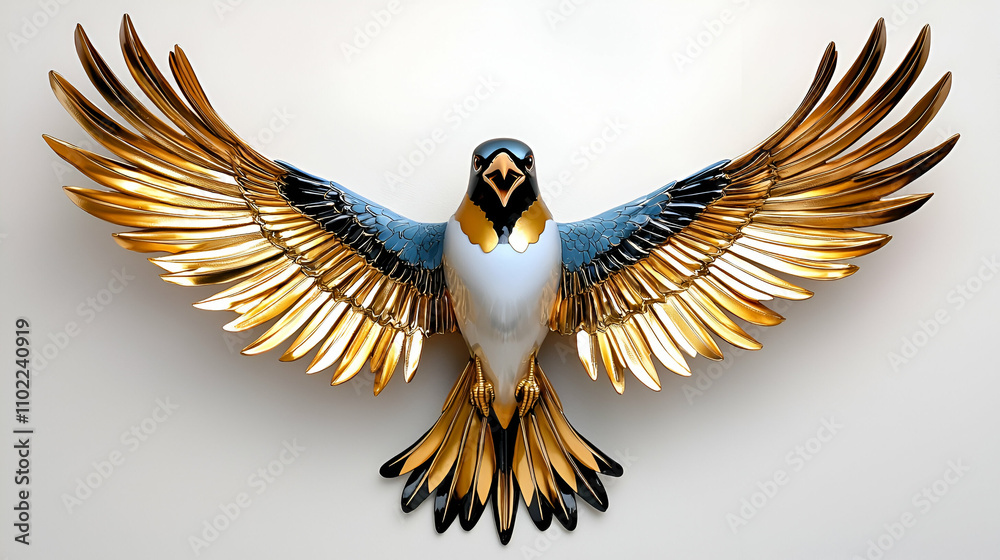Naklejka premium A beautifully crafted bird sculpture with expansive wings, showcasing vibrant colors and intricate details, capturing the essence of nature's elegance.