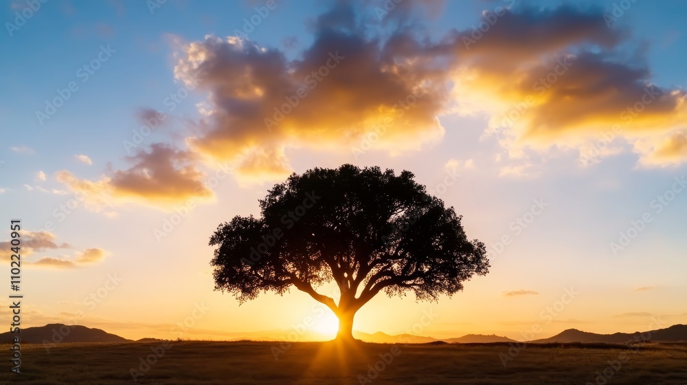 a lone tree in the middle of a field, surrounded by lush green grass and rolling hills in the background The sky is a beautiful mix of oranges, pinks, and purples, a lone tree in the middle of a field, surrounded by lush green grass and rolling hills in the background The sky is a beautiful mix of oranges, pinks, and purples,