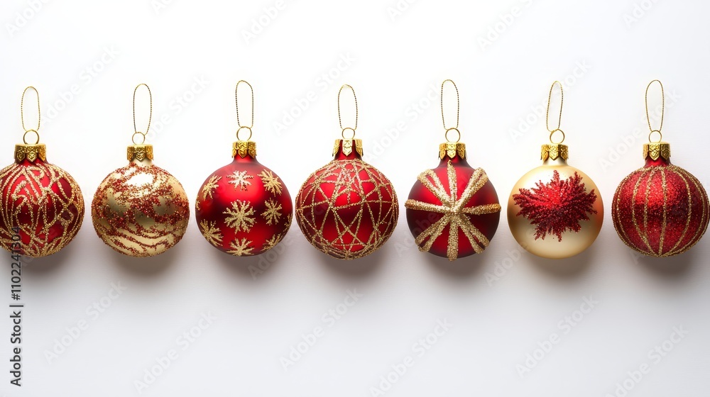 a row of red and gold Christmas ornaments on a white background, creating a festive and cheerful atmosphere a row of red and gold Christmas ornaments on a white background, creating a festive and cheerful atmosphere