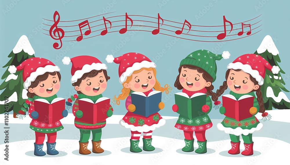 Festive Christmas carolers singing in winter with snow and trees Festive Christmas carolers singing in winter with snow and trees