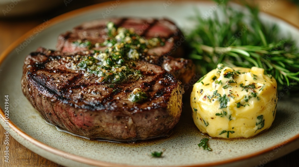 Here's a possible and keyword list for your image.. Grilled filet mignon steak with herb butter and mashed potatoes. Here's a possible and keyword list for your image.. Grilled filet mignon steak with herb butter and mashed potatoes.