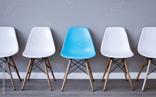 Line of chairs with one different one. Job opening. Business leadership. Recruitment idea. 3D rendering