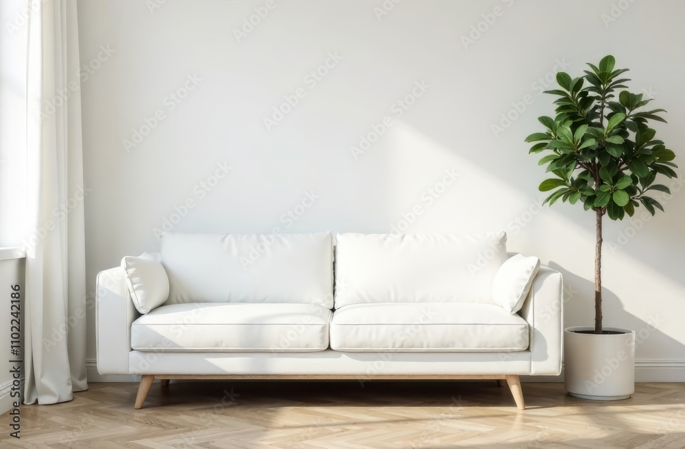 In a cozy living room, there sits a white couch positioned next to a vibrant potted plant, enhancing the overall decor of the space In a cozy living room, there sits a white couch positioned next to a vibrant potted plant, enhancing the overall decor of the space