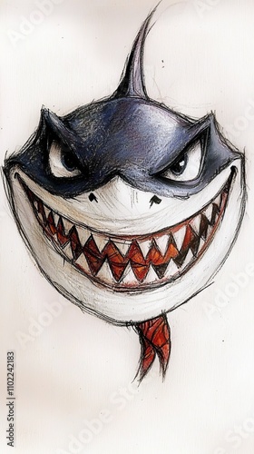  a drawing of a shark with its mouth open and teeth wide open, set against a white background The shark has a menacing expression, with sharp teeth and a menacing s photo