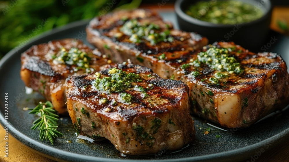 Four grilled strip steaks topped with chimichurri sauce, served on a dark plate. Four grilled strip steaks topped with chimichurri sauce, served on a dark plate.