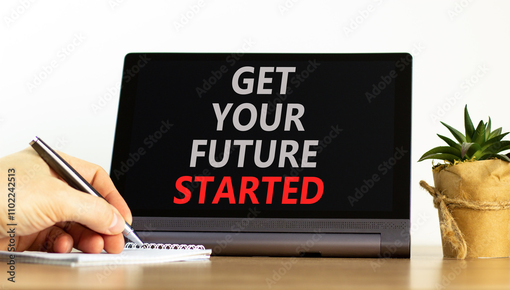 Get your future started symbol. Concept words Get your future started on beautiful black tablet. Beautiful white background. Businessman hand. Business get your future started concept. Copy space. Get your future started symbol. Concept words Get your future started on beautiful black tablet. Beautiful white background. Businessman hand. Business get your future started concept. Copy space.