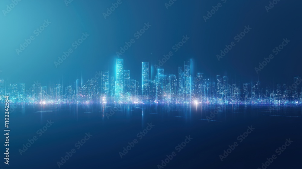 Fototapeta premium A city skyline is reflected in the water