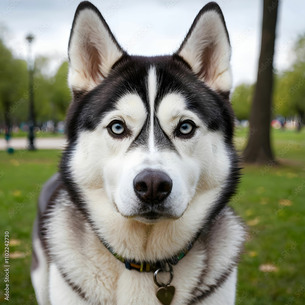 Vertical portrait of a Siberian Husky dog in the park Vertical portrait of a Siberian Husky dog in the park