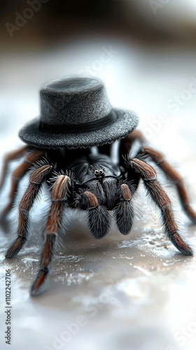  a tarantula wearing a black hat on its head, sitting on a surface with a blurred background photo