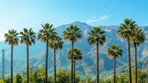 tropical landscape with tall palm trees against blue sky, mountains in background, warm and sunny day,