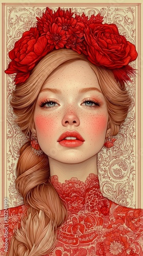  a woman with long blonde hair wearing a red dress and a flower crown on her head She has a peaceful expression on her face and her eyes are closed, giving her a se