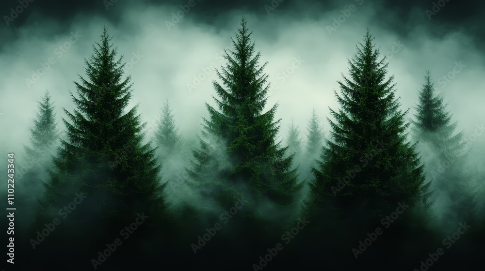 Obraz premium a dark forest with tall pine trees shrouded in fog, creating a mysterious and ethereal atmosphere