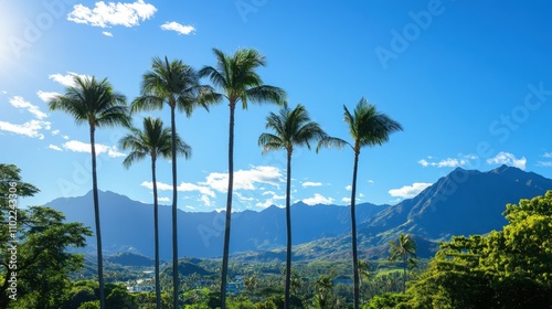 tropical landscape with tall palm trees against blue sky, mountains in background, warm and sunny day,