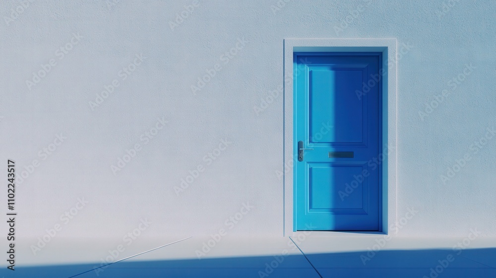 Bright blue door with decorative details against a light wall, daylight, urban atmosphere, minimalist style Bright blue door with decorative details against a light wall, daylight, urban atmosphere, minimalist style
