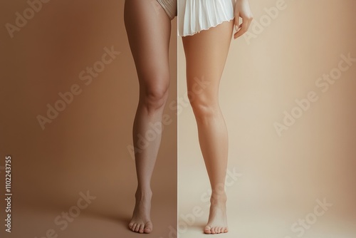 A woman's legs, one side is tanned and the other side is pale, showing a before and after effect.