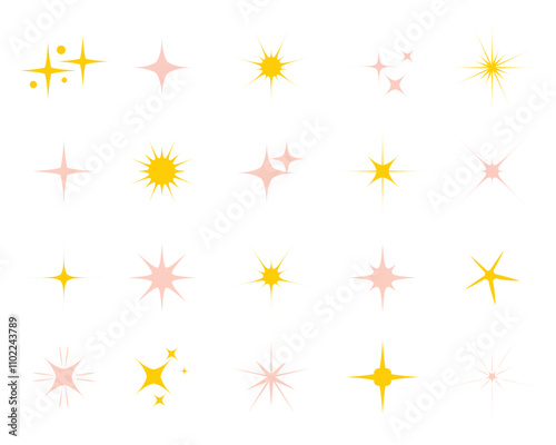 Retro futuristic bright vector icons collection. Set of original star sparkle shapes. Abstract shine effect vector sign. Twinkle star particles, glitter sparkles and magic sparkle isolated silhouette.