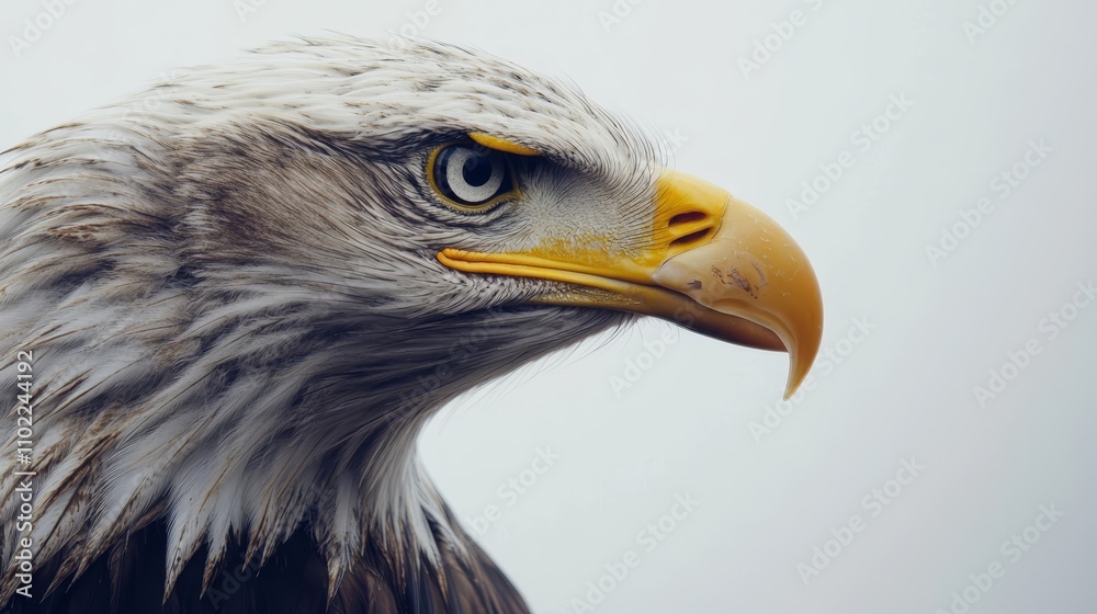 a close up of a bald eagle with a yellow beak against a white background Its feathers are a mix of white, black and brown, and its eyes are a piercing yellow a close up of a bald eagle with a yellow beak against a white background Its feathers are a mix of white, black and brown, and its eyes are a piercing yellow