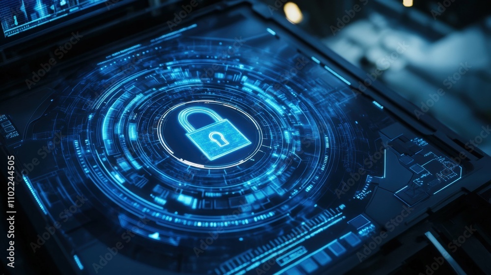 Futuristic security interface with blue holographic lock and network symbols, digital protection theme, isolated on white, Futuristic security interface with blue holographic lock and network symbols, digital protection theme, isolated on white,