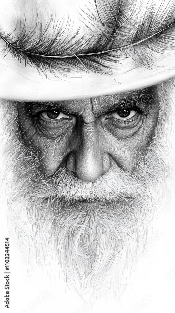 Obraz premium an old man with a white beard and a feather on his head, set against a white background His face is depicted in black and white, giving it a timeless and classic l