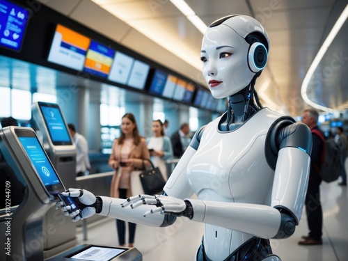 A humanoid robot woman acting as an assistant for passengers in an airport, providing information and guidance with a friendly, efficient demeanor