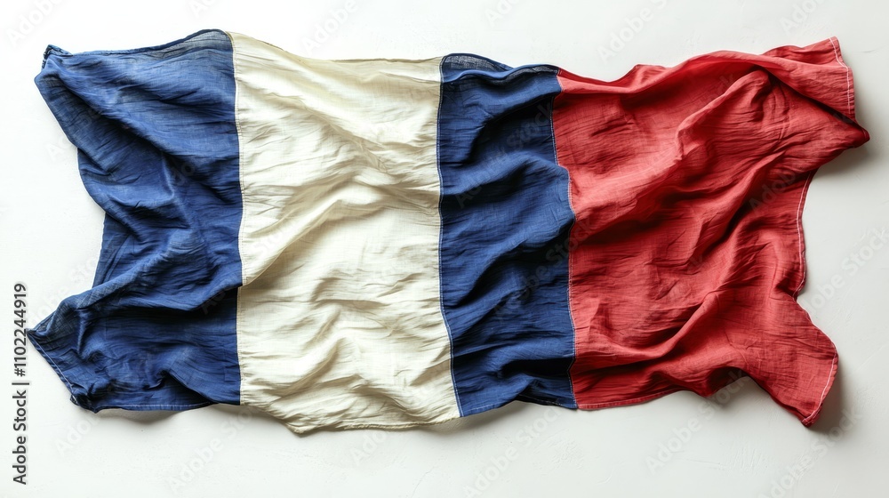 the French flag, which is composed of three horizontal stripes of blue, white, and red, waving in the wind on a white background the French flag, which is composed of three horizontal stripes of blue, white, and red, waving in the wind on a white background