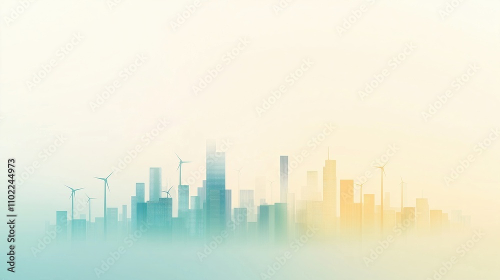 A city skyline with a blue sky background