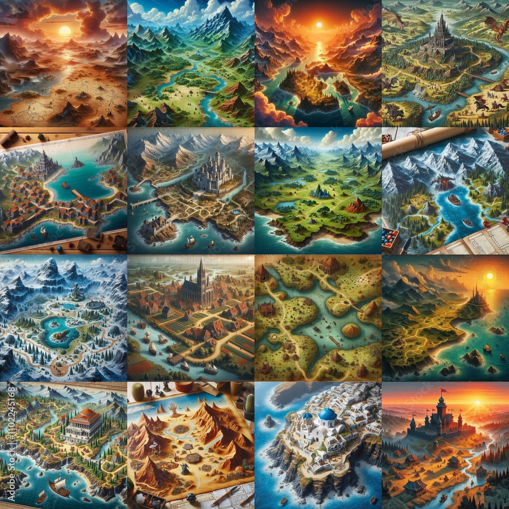 Fototapeta premium Different Battlemaps landscapes illustration. AI generated illustration