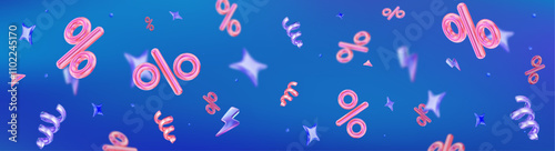 3d flying neon percent signs with stars on blue holographic isolated background. Horizontal banner. Stock vector illustration.	