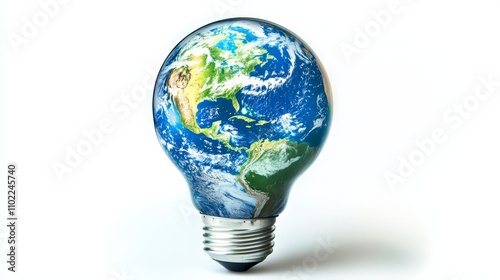  a light bulb with the earth inside of it, illuminated against a white background