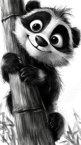  a black and white drawing of a panda bear sitting on top of a bamboo tree, with a white background The panda is holding onto the trunk of the tree, and there are s photo