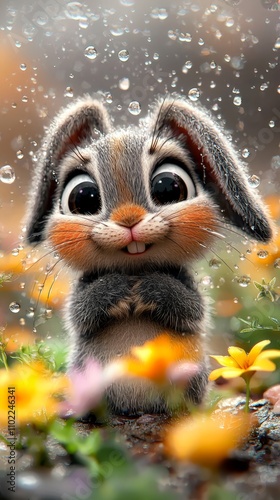  a cute bunny sitting in the rain with water droplets on its face, surrounded by plants and flowers The background is slightly blurred, giving the image an animated