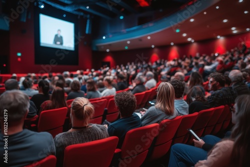 Audience engaged in a presentation at a large conference in a modern auditorium setting