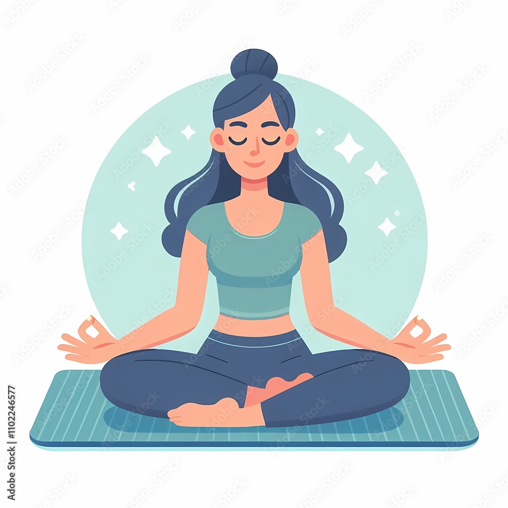 Minimalistic flat style illustration of a woman practicing meditation on a mat, set against a clean white background. Perfect for wellness, mindfulness, and relaxation-themed designs. Minimalistic flat style illustration of a woman practicing meditation on a mat, set against a clean white background. Perfect for wellness, mindfulness, and relaxation-themed designs.