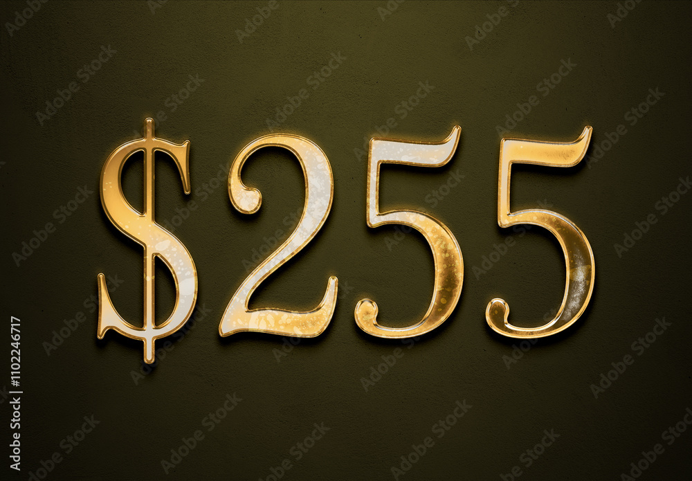 Old gold effect of 255 dollars with 3D glossy style Mockup. Old gold effect of 255 dollars with 3D glossy style Mockup.