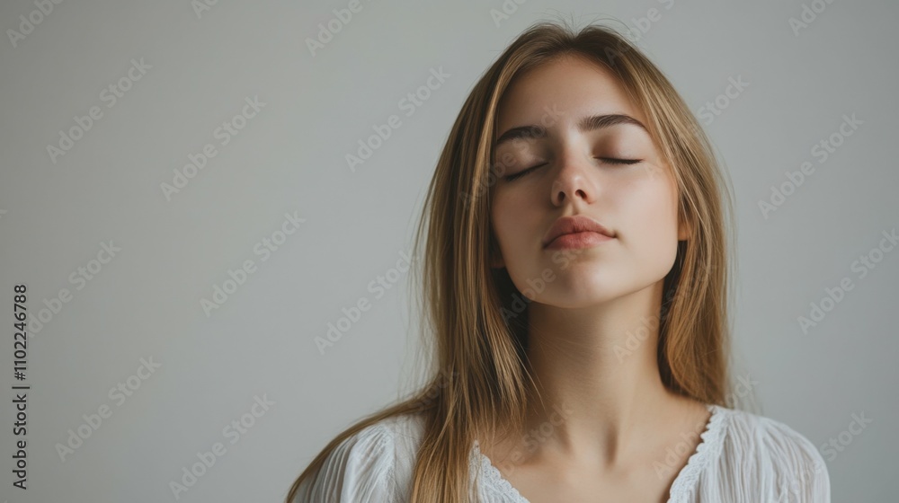 Fototapeta premium Young woman with straight blonde hair in a white blouse, eyes closed, feeling peaceful, gray background, studio lighting