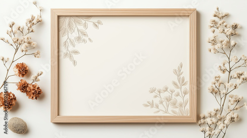 A delicate wooden frame with engraved floral patterns, adorned with minimalistic modern decorations, soft neutral tones, elegant and refined