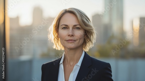 Portrait of a European businesswoman in a suit, cityscape background, soft natural light, professional and confident expression