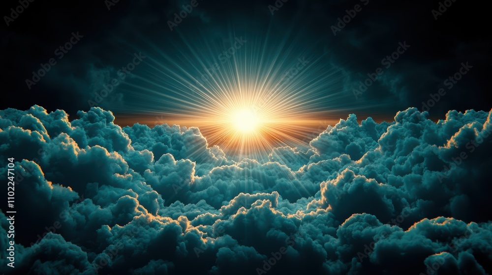 Fototapeta premium A close-up shot of the sun's rays breaking through dark clouds, symbolizing hope, renewal, and the life-giving energy of the sun.