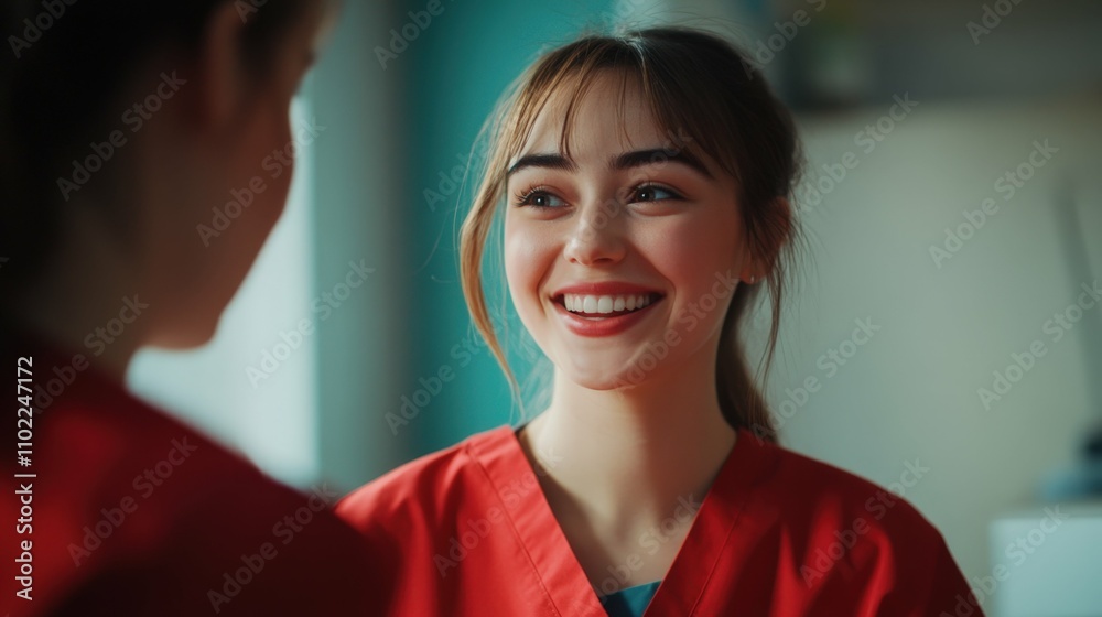 Obraz premium medical staff in uniform smiling and talking in a bright room, friendly interaction, natural daylight