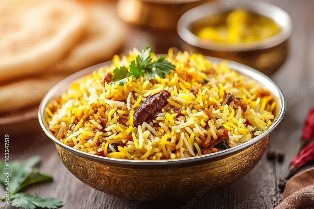 Delicious Bowl of Colorful Biryani with Fragrant Spices, Fresh Herbs, and Accompaniments on a Wood Table, Perfect for Food Lovers and Culinary Enthusiasts Delicious Bowl of Colorful Biryani with Fragrant Spices, Fresh Herbs, and Accompaniments on a Wood Table, Perfect for Food Lovers and Culinary Enthusiasts