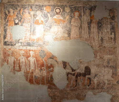Large mural , 14th century, legend of Saint Mary Magdalene, final judgment, legend of the three living and the three dead, convent of San Juan and San Pablo, Peñafiel, Spain