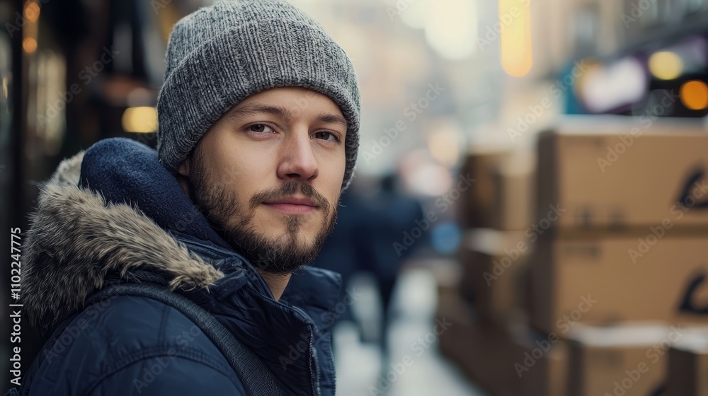 a man wearing a blue jacket and a gray hat standing in front of a pile of cardboard boxes The background is blurred, suggesting the man is the focus of the image a man wearing a blue jacket and a gray hat standing in front of a pile of cardboard boxes The background is blurred, suggesting the man is the focus of the image