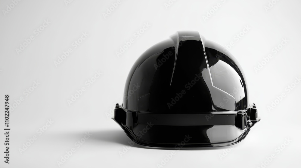 Fototapeta premium a black hard hat sitting on top of a white surface The hard hat is the focus of the image, with the white background providing a stark contrast to the dark color o