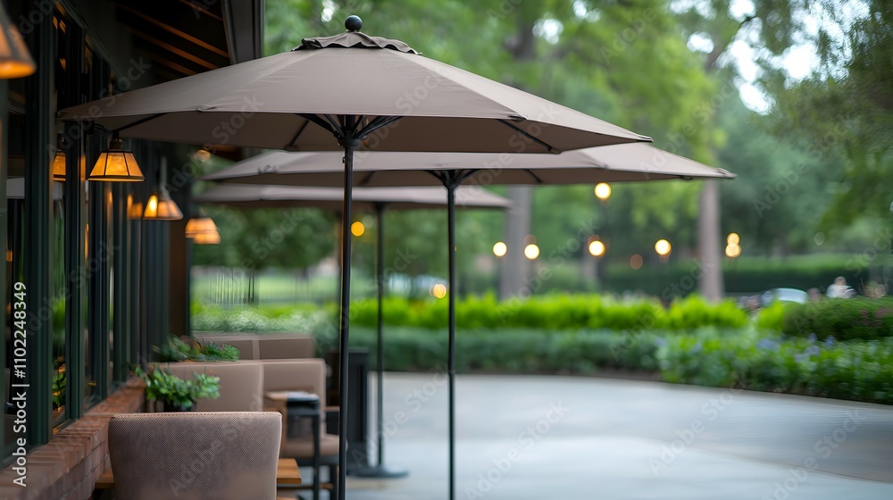 Fototapeta premium Charming Cozy Restaurant Patio with Wide Umbrellas and Soft Lighting - Inviting Corner Seating Surrounded by Gentle Greenery for a Warm Dining Experience