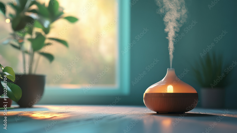 Aroma therapy. A serene scene featuring an essential oil diffuser emitting steam, surrounded by lush plants and gentle sunlight filtering through a window. Aroma therapy. A serene scene featuring an essential oil diffuser emitting steam, surrounded by lush plants and gentle sunlight filtering through a window.
